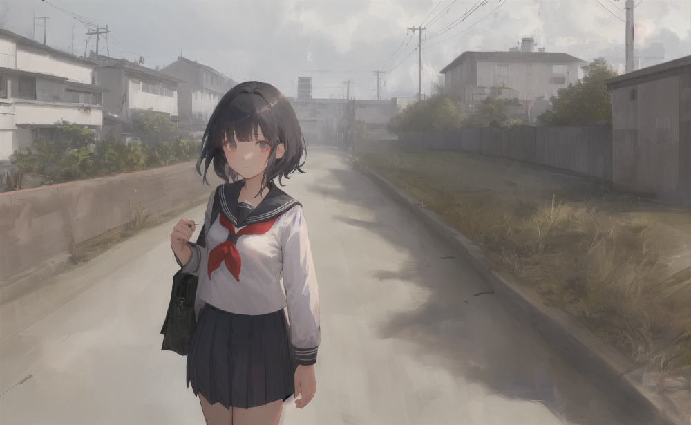 ((masterpiece,best quality)),1girl, from below, solo, school uniform, serafuku, sky, cloud, black hair, skirt, sailor collar, looking at viewer, short hair, building, bangs, neckerchief, long sleeves, cloudy sky, power lines, shirt, cityscape, pleated skirt, scenery, blunt bangs, city, night, black 