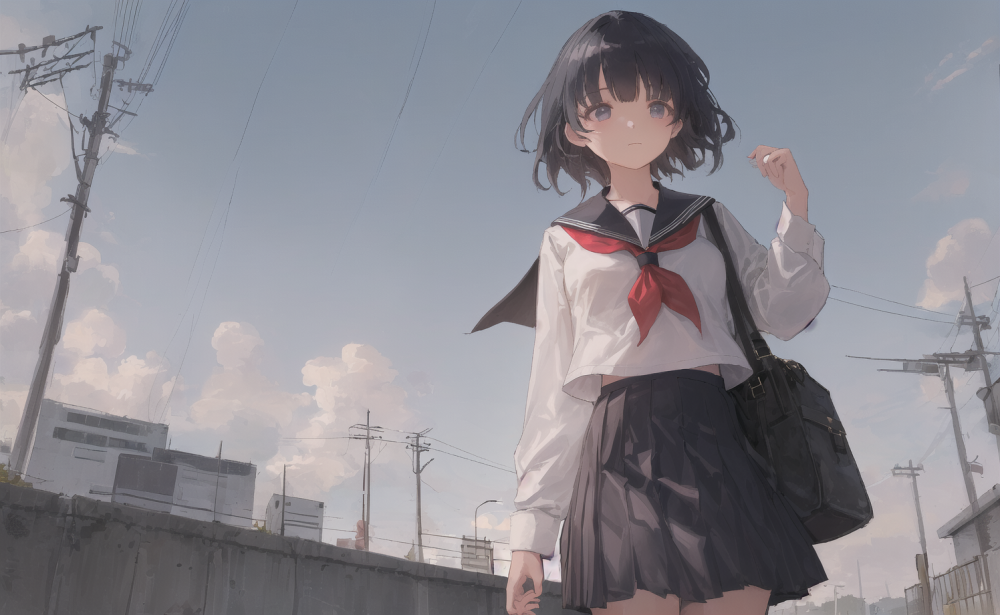 ((masterpiece,best quality)),1girl, from below, solo, school uniform, serafuku, sky, cloud, black hair, skirt, sailor collar, looking at viewer, short hair, building, bangs, neckerchief, long sleeves, cloudy sky, power lines, shirt, cityscape, pleated skirt, scenery, blunt bangs, city, night, black 