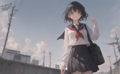 ((masterpiece,best quality)),1girl, from below, solo, school uniform, serafuku, sky, cloud, black hair, skirt, sailor collar, looking at viewer, short hair, building, bangs, neckerchief, long sleeves,…