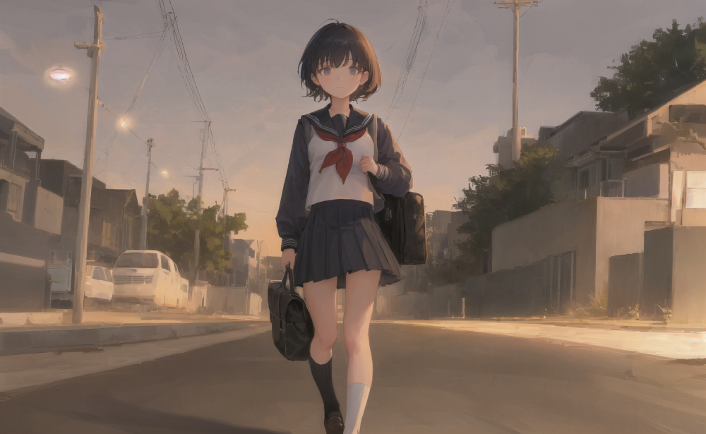 ((masterpiece,best quality)),1girl, from below, solo, school uniform, serafuku, sky, cloud, black hair, skirt, sailor collar, looking at viewer, short hair, building, bangs, neckerchief, long sleeves, cloudy sky, power lines, shirt, cityscape, pleated skirt, scenery, blunt bangs, city, night, black 