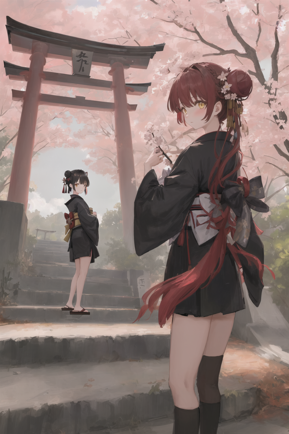 ((masterpiece,best quality)),2girls, black kimono, black legwear, black ribbon, black hair, cherry blossoms, day, flower, hair bun, hair ribbon, japanese clothes, kimono, long hair, looking at viewer, looking back, multiple girls, obi, outdoors, red eyes, red hair, ribbon, sandals, single hair bun, 