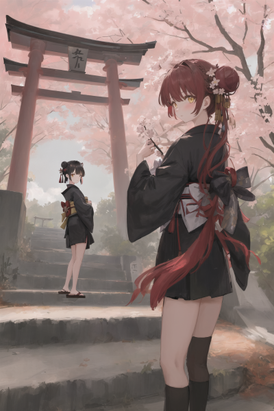 ((masterpiece,best quality)),2girls, black kimono, black legwear, black ribbon, black hair, cherry blossoms, day, flower, hair bun, hair ribbon, japanese clothes, kimono, long hair, looking at viewer,…