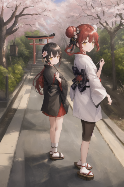 ((masterpiece,best quality)),2girls, black kimono, black legwear, black ribbon, black hair, cherry blossoms, day, flower, hair bun, hair ribbon, japanese clothes, kimono, long hair, looking at viewer,…