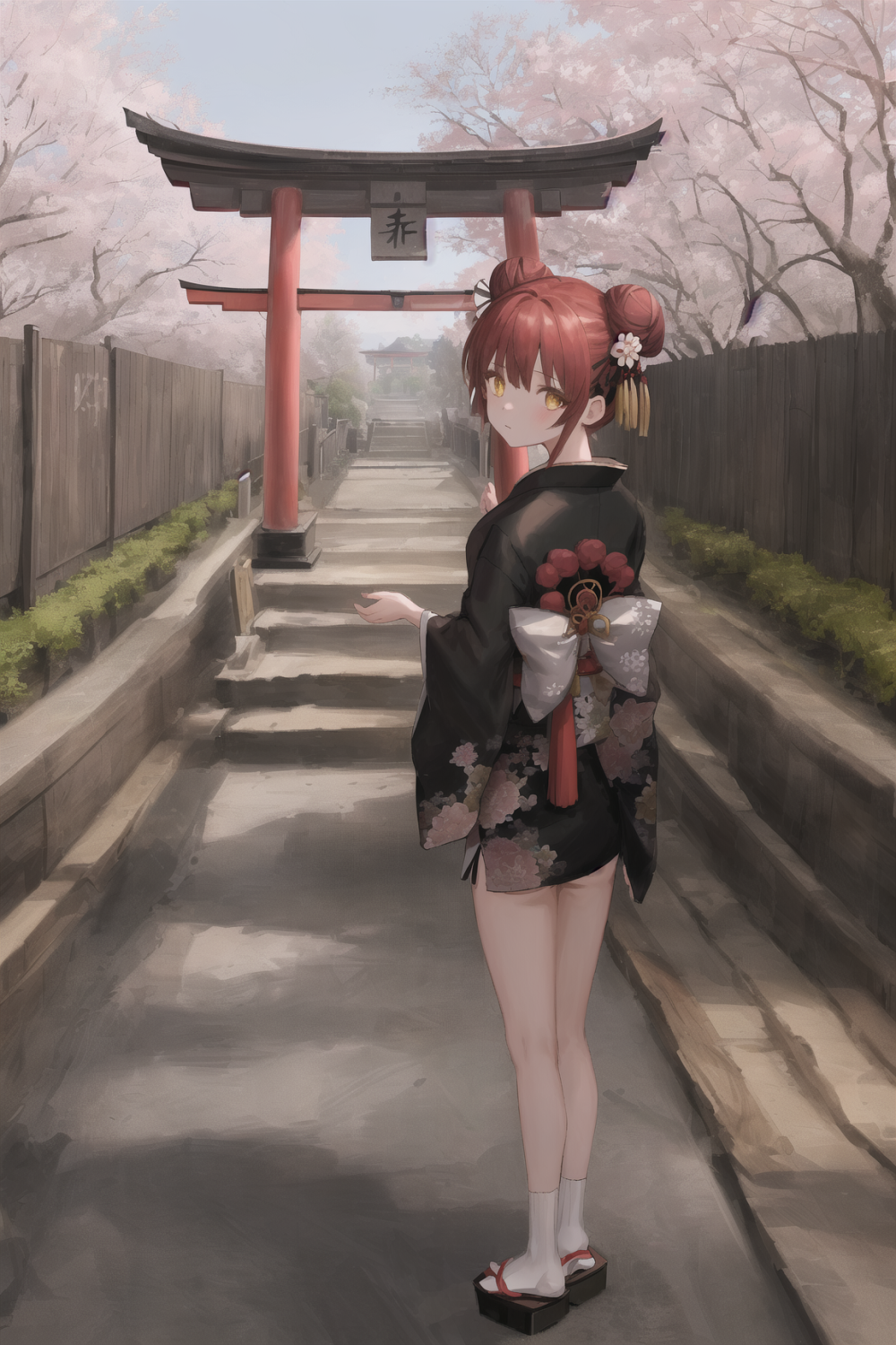 ((masterpiece,best quality)),2girls, black kimono, black legwear, black ribbon, black hair, cherry blossoms, day, flower, hair bun, hair ribbon, japanese clothes, kimono, long hair, looking at viewer, looking back, multiple girls, obi, outdoors, red eyes, red hair, ribbon, sandals, single hair bun, 