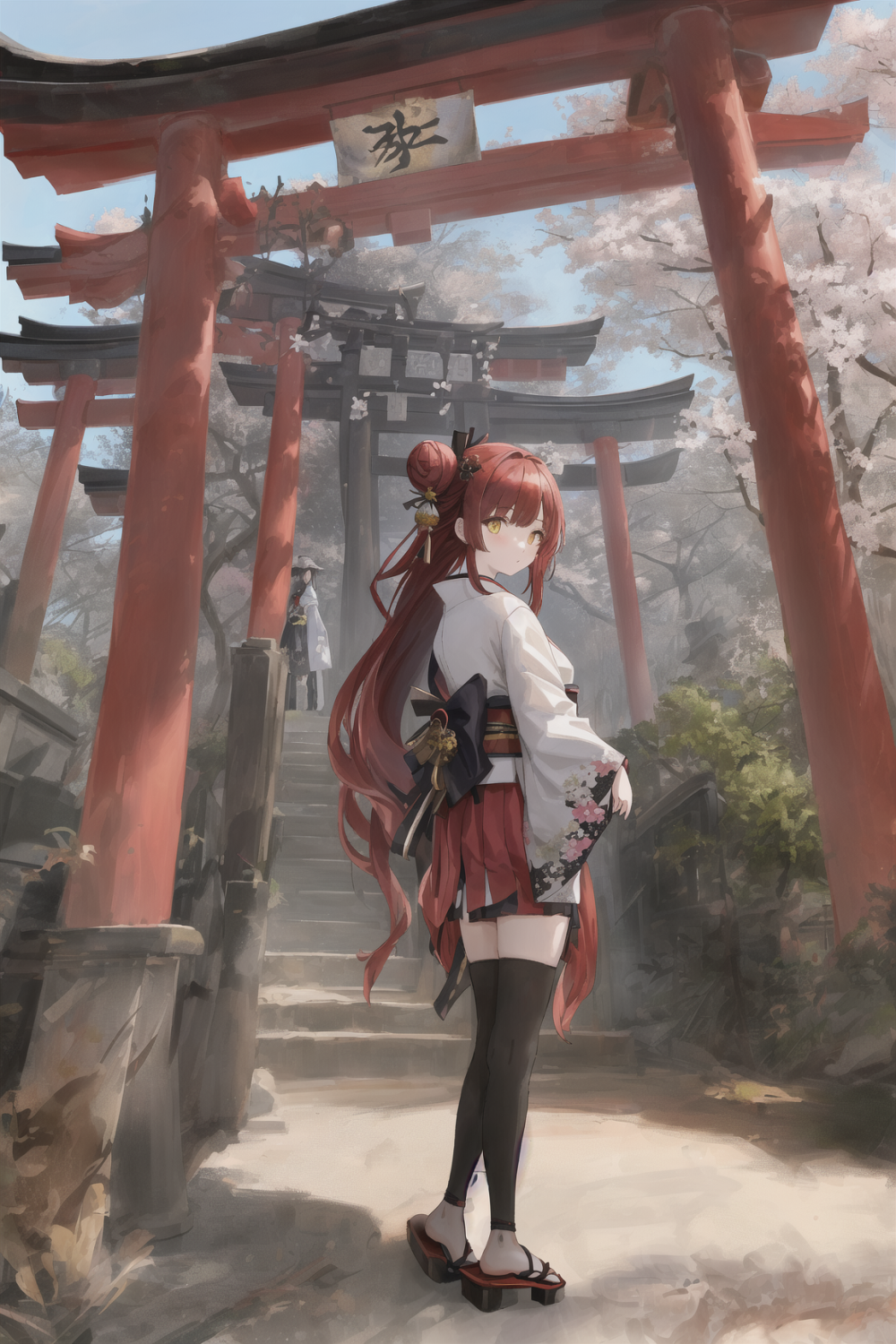 ((masterpiece,best quality)),2girls, black kimono, black legwear, black ribbon, black hair, cherry blossoms, day, flower, hair bun, hair ribbon, japanese clothes, kimono, long hair, looking at viewer, looking back, multiple girls, obi, outdoors, red eyes, red hair, ribbon, sandals, single hair bun, 