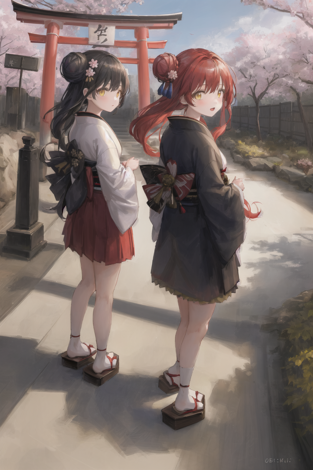 ((masterpiece,best quality)),2girls, black kimono, black legwear, black ribbon, black hair, cherry blossoms, day, flower, hair bun, hair ribbon, japanese clothes, kimono, long hair, looking at viewer, looking back, multiple girls, obi, outdoors, red eyes, red hair, ribbon, sandals, single hair bun, 