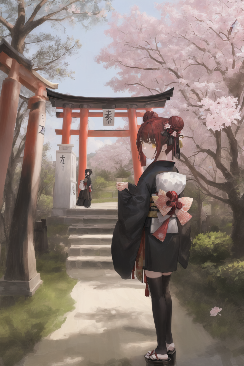 ((masterpiece,best quality)),2girls, black kimono, black legwear, black ribbon, black hair, cherry blossoms, day, flower, hair bun, hair ribbon, japanese clothes, kimono, long hair, looking at viewer, looking back, multiple girls, obi, outdoors, red eyes, red hair, ribbon, sandals, single hair bun, 