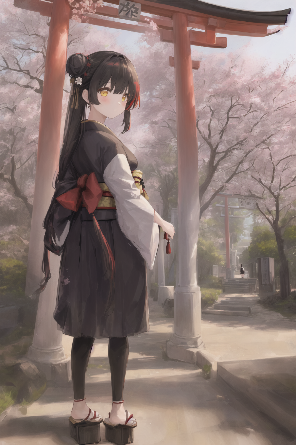 ((masterpiece,best quality)),2girls, black kimono, black legwear, black ribbon, black hair, cherry blossoms, day, flower, hair bun, hair ribbon, japanese clothes, kimono, long hair, looking at viewer, looking back, multiple girls, obi, outdoors, red eyes, red hair, ribbon, sandals, single hair bun, 