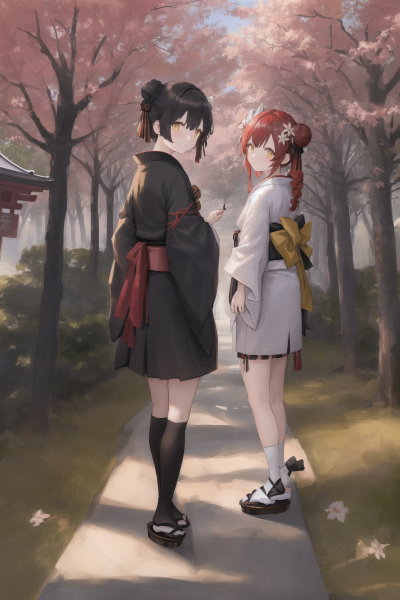 ((masterpiece,best quality)),2girls, black kimono, black legwear, black ribbon, black hair, cherry blossoms, day, flower, hair bun, hair ribbon, japanese clothes, kimono, long hair, looking at viewer,…