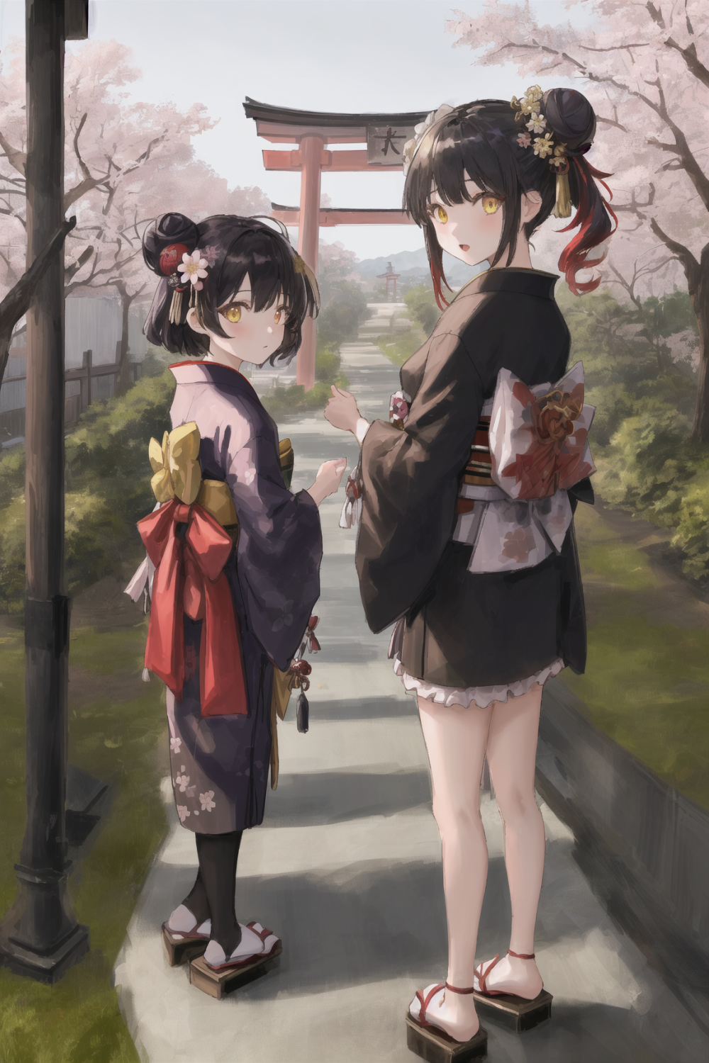 ((masterpiece,best quality)),2girls, black kimono, black legwear, black ribbon, black hair, cherry blossoms, day, flower, hair bun, hair ribbon, japanese clothes, kimono, long hair, looking at viewer, looking back, multiple girls, obi, outdoors, red eyes, red hair, ribbon, sandals, single hair bun, 