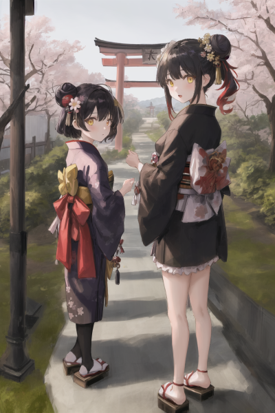 ((masterpiece,best quality)),2girls, black kimono, black legwear, black ribbon, black hair, cherry blossoms, day, flower, hair bun, hair ribbon, japanese clothes, kimono, long hair, looking at viewer,…