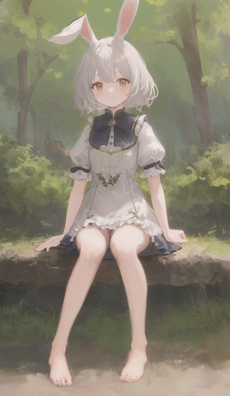 ((masterpiece,best quality)),1girl, solo, animal ears, rabbit, barefoot, knees up, dress, sitting, rabbit ears, short sleeves, looking at viewer, grass, short hair, smile, white hair, puffy sleeves, outdoors, puffy short sleeves, bangs, on ground, full body, animal, white dress, sunlight, brown eyes