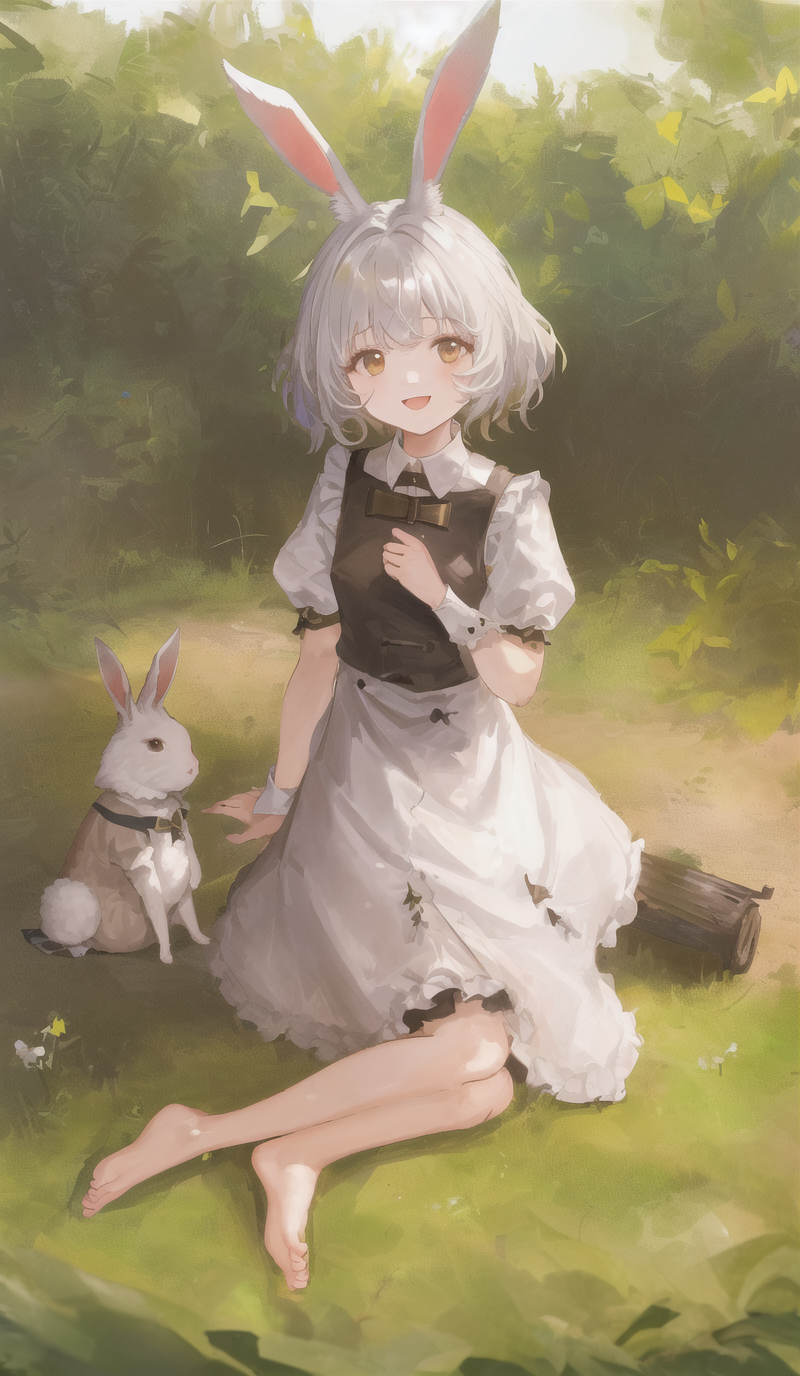 ((masterpiece,best quality)),1girl, solo, animal ears, rabbit, barefoot, knees up, dress, sitting, rabbit ears, short sleeves, looking at viewer, grass, short hair, smile, white hair, puffy sleeves, outdoors, puffy short sleeves, bangs, on ground, full body, animal, white dress, sunlight, brown eyes