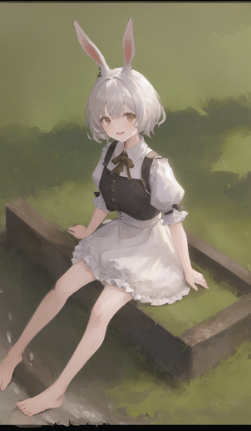 ((masterpiece,best quality)),1girl, solo, animal ears, rabbit, barefoot, knees up, dress, sitting, rabbit ears, short sleeves, looking at viewer, grass, short hair, smile, white hair, puffy sleeves, outdoors, puffy short sleeves, bangs, on ground, full body, animal, white dress, sunlight, brown eyes