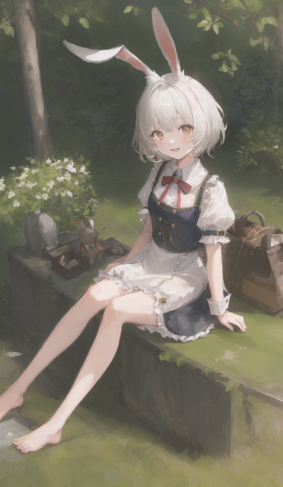 ((masterpiece,best quality)),1girl, solo, animal ears, rabbit, barefoot, knees up, dress, sitting, rabbit ears, short sleeves, looking at viewer, grass, short hair, smile, white hair, puffy sleeves, o…