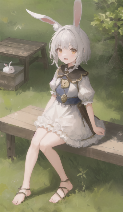 ((masterpiece,best quality)),1girl, solo, animal ears, rabbit, barefoot, knees up, dress, sitting, rabbit ears, short sleeves, looking at viewer, grass, short hair, smile, white hair, puffy sleeves, o…