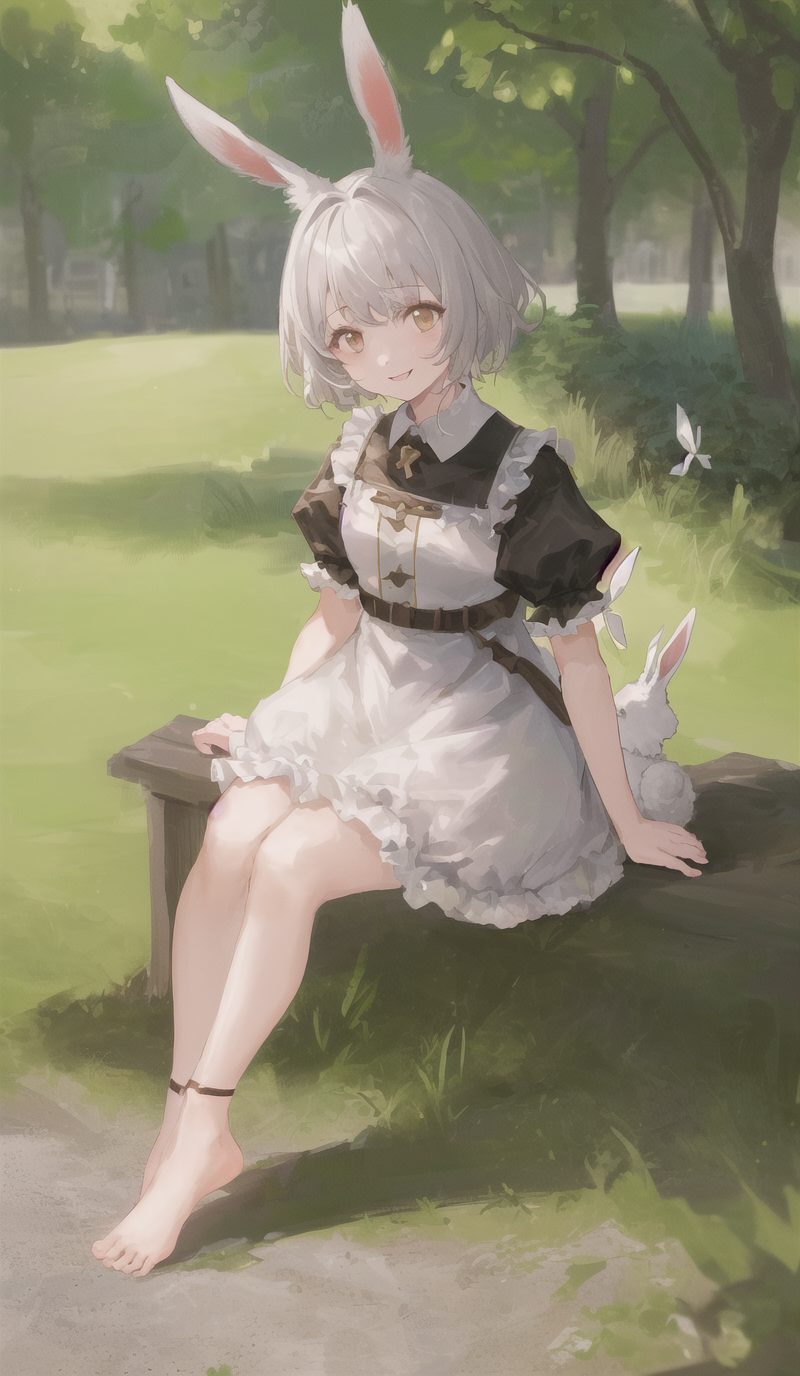 ((masterpiece,best quality)),1girl, solo, animal ears, rabbit, barefoot, knees up, dress, sitting, rabbit ears, short sleeves, looking at viewer, grass, short hair, smile, white hair, puffy sleeves, outdoors, puffy short sleeves, bangs, on ground, full body, animal, white dress, sunlight, brown eyes