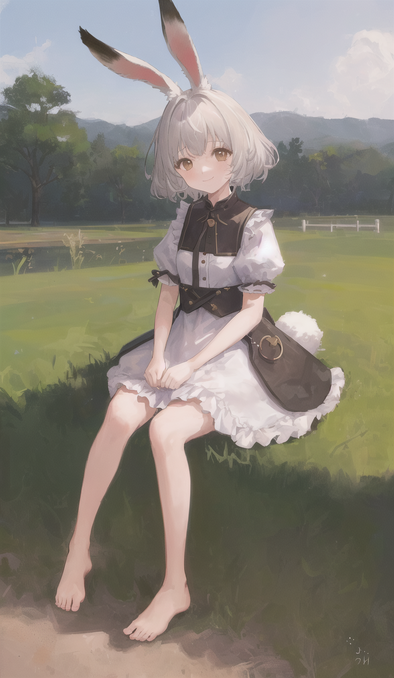 ((masterpiece,best quality)),1girl, solo, animal ears, rabbit, barefoot, knees up, dress, sitting, rabbit ears, short sleeves, looking at viewer, grass, short hair, smile, white hair, puffy sleeves, outdoors, puffy short sleeves, bangs, on ground, full body, animal, white dress, sunlight, brown eyes