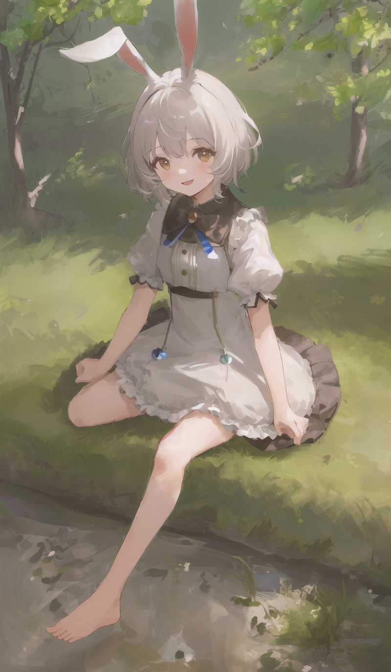 ((masterpiece,best quality)),1girl, solo, animal ears, rabbit, barefoot, knees up, dress, sitting, rabbit ears, short sleeves, looking at viewer, grass, short hair, smile, white hair, puffy sleeves, outdoors, puffy short sleeves, bangs, on ground, full body, animal, white dress, sunlight, brown eyes