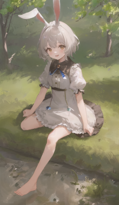 ((masterpiece,best quality)),1girl, solo, animal ears, rabbit, barefoot, knees up, dress, sitting, rabbit ears, short sleeves, looking at viewer, grass, short hair, smile, white hair, puffy sleeves, o…