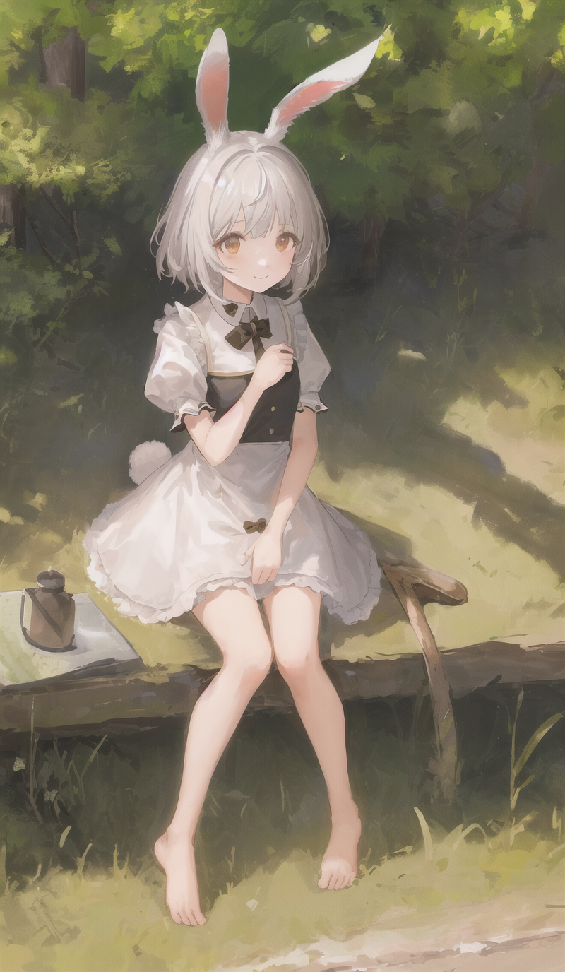 ((masterpiece,best quality)),1girl, solo, animal ears, rabbit, barefoot, knees up, dress, sitting, rabbit ears, short sleeves, looking at viewer, grass, short hair, smile, white hair, puffy sleeves, outdoors, puffy short sleeves, bangs, on ground, full body, animal, white dress, sunlight, brown eyes