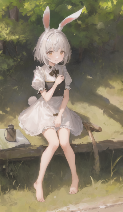 ((masterpiece,best quality)),1girl, solo, animal ears, rabbit, barefoot, knees up, dress, sitting, rabbit ears, short sleeves, looking at viewer, grass, short hair, smile, white hair, puffy sleeves, o…