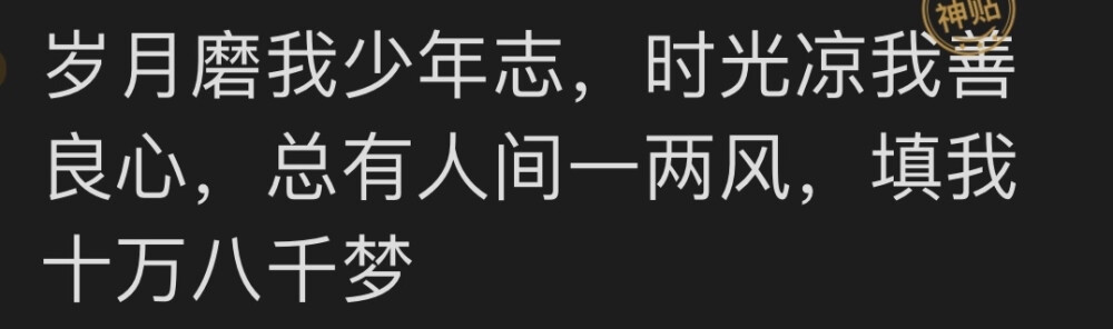 岁月磨我少年志，时光凉我善良心，总有人间一两风，填我十万八千梦