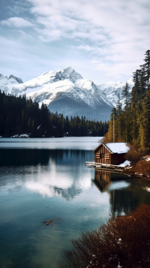 雪山下湖边小屋