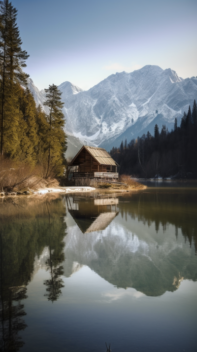 雪山下湖边小屋