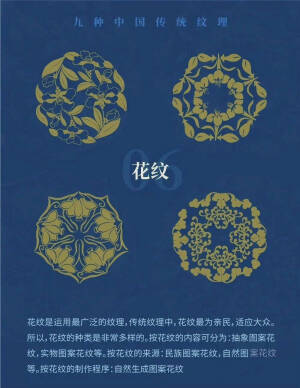 中国传统纹样，指的是由历代沿传下来的具有独特民族艺术风格的图案。主源于原始社会的彩陶图案，已有6000～7000年的历史。可分为原始社会图案、古典图案、民间和民俗图案、少数民族图案。