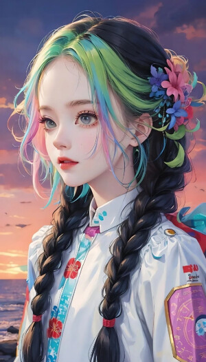 AI动漫头  ☞美少女五彩头发，适合整个夏天。