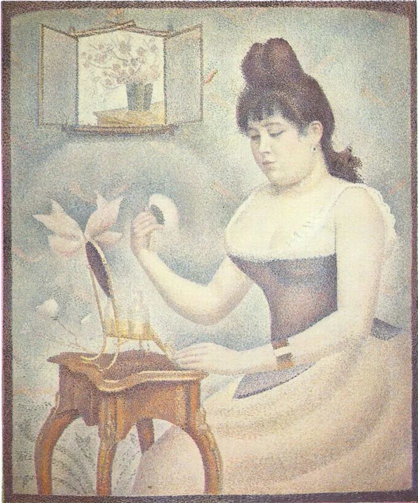 乔治·修拉（Georges Seurat）《Jeune femme se poudrant (La Poudreuse)》，布面油画，94.2×79.5cm，1889-1890年，曾被奎因收藏，现藏于英国考陶尔德美术馆