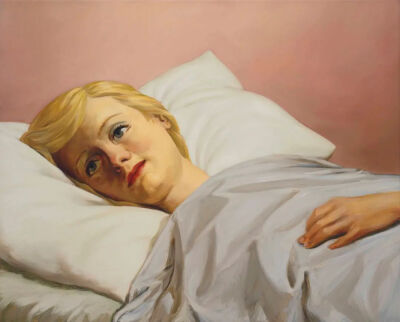 约翰·柯林（John Currin）《Girl in Bed》，亚麻布面油画，61.5×77cm，1993年