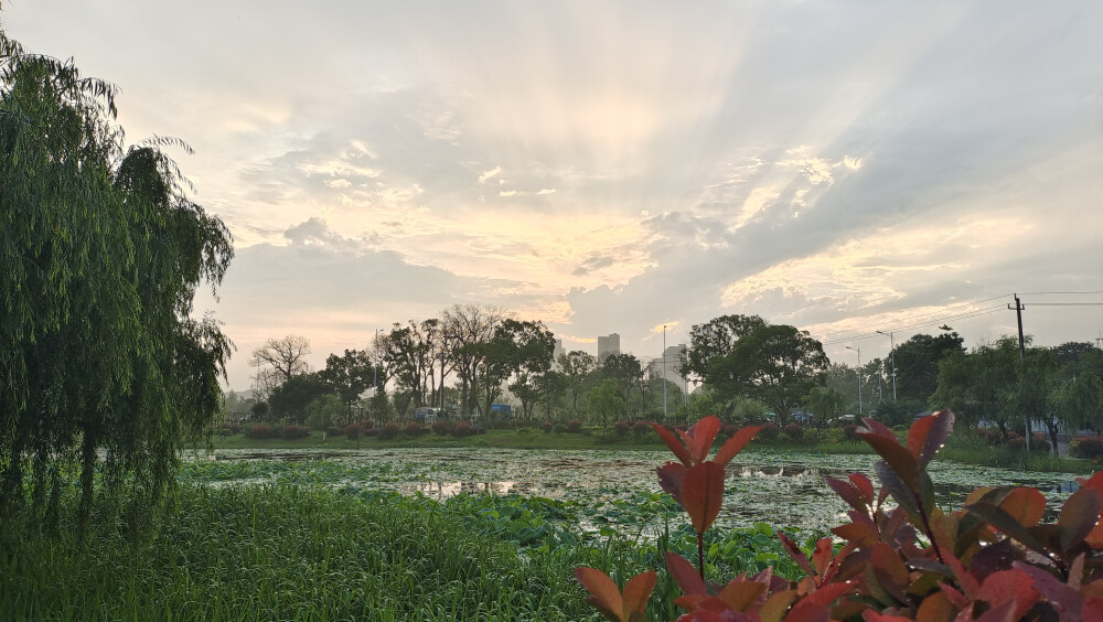 2023年5月25日傍晚，在下了一场雨后，天空的云彩雄伟壮观，几道巨大的光线从云层中直射出来，显得气象万千。