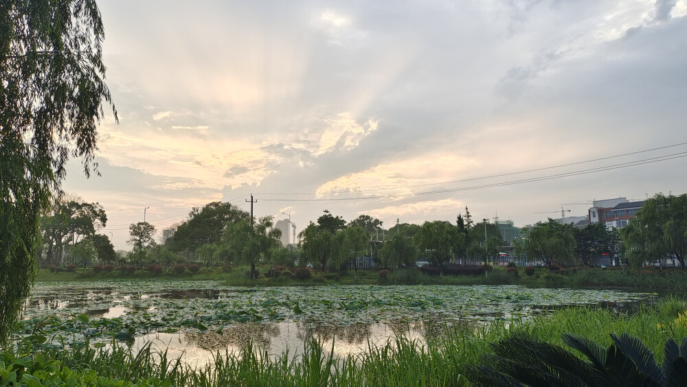 2023年5月25日傍晚，在下了一场雨后，天空的云彩雄伟壮观，几道巨大的光线从云层中直射出来，显得气象万千。