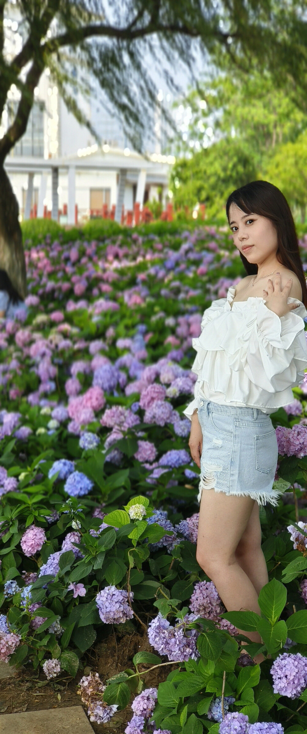 图①，想把蹲着的腿修瘦，加上手背手掌心修修
图②，想把这场景更有那种夏天美的感受
图③，想将肩膀修修，更得体
图④，想将绣球花的颜色更好看
图⑤，人物修修
图⑥，路面的离草从距离感更近才好看
图⑦，想将特写左右两边的树枝衬托更有那个范儿
图⑧，想将柳条除去掉
图⑨，想将人和物更美哦
大神们，你们也可以发挥自己的风格，帮我修修看呗，在此非常感谢哈！！