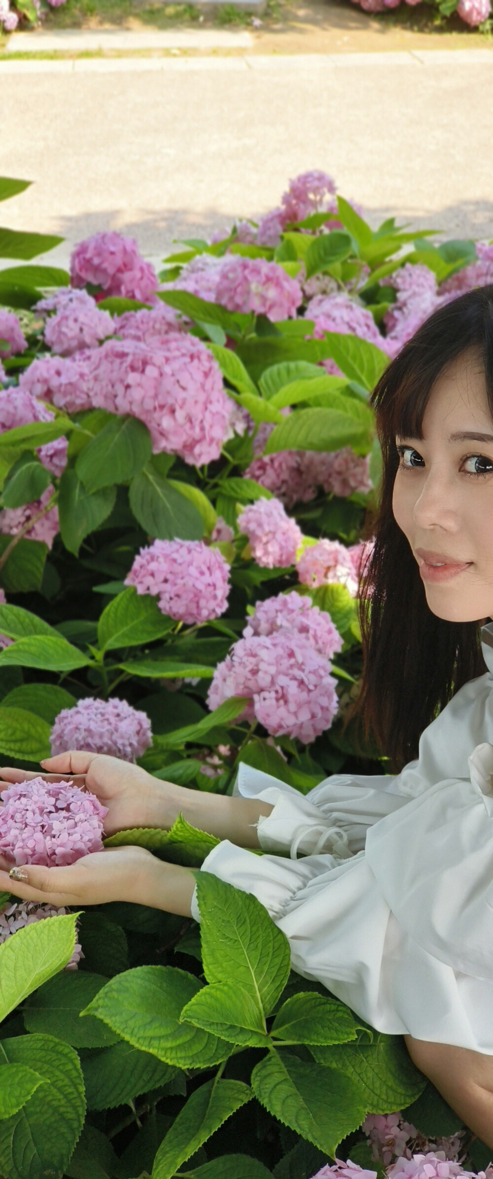 图①，想把蹲着的腿修瘦，加上手背手掌心修修
图②，想把这场景更有那种夏天美的感受
图③，想将肩膀修修，更得体
图④，想将绣球花的颜色更好看
图⑤，人物修修
图⑥，路面的离草从距离感更近才好看
图⑦，想将特写左右两边的树枝衬托更有那个范儿
图⑧，想将柳条除去掉
图⑨，想将人和物更美哦
大神们，你们也可以发挥自己的风格，帮我修修看呗，在此非常感谢哈！！