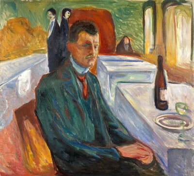 爱德华·蒙克（Edvard Munch）《Self-Portrait with a Bottle of Wine》，布面油画，120×110cm，1906