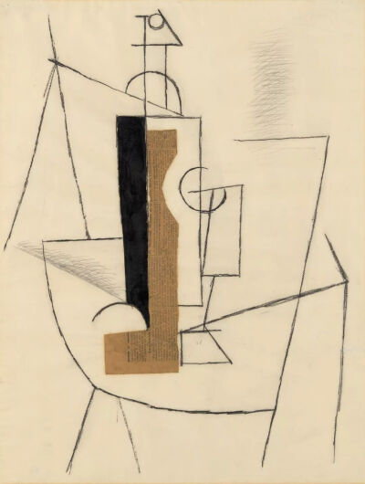 巴勃罗‧毕加索《桌子上的瓶子与酒杯》（Bottle and Wine Glass on a Table），拼贴画，61.9×47.3cm，1912年