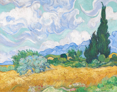 《麦田里的柏树》（A Wheatfield, with Cypresses），Vincent van Gogh，1889年，布面油画，伦敦国家美术馆藏