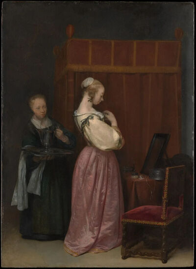 Gerard ter Borch the Younger《A Young Woman at Her Toilet with a Maid》，木面油画，47.6×34.6cm，1650-1651年，由摩根捐赠，现藏于大都会博物馆
