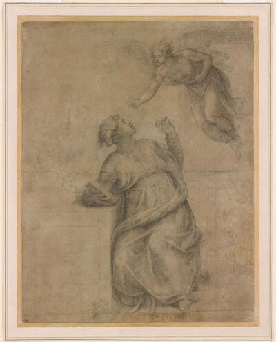 米开朗基罗《Annunciation to the Virgin》，黑色粉笔、雕刻笔，38.3×29.7cm，1545-1550年，藏于摩根图书馆