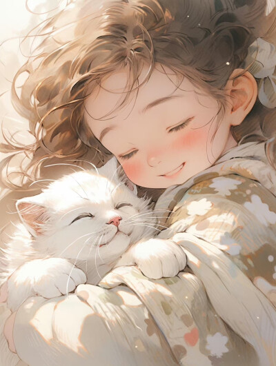  治愈系头像｜小女孩和猫｜这个风格太可爱啦 
