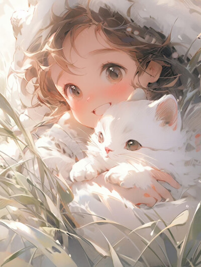  治愈系头像｜小女孩和猫｜这个风格太可爱啦 