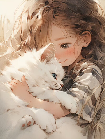  治愈系头像｜小女孩和猫｜这个风格太可爱啦 