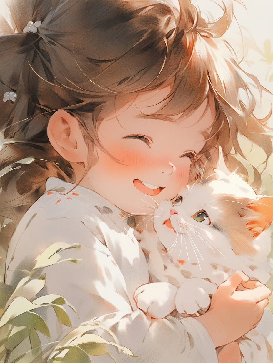  治愈系头像｜小女孩和猫｜这个风格太可爱啦 