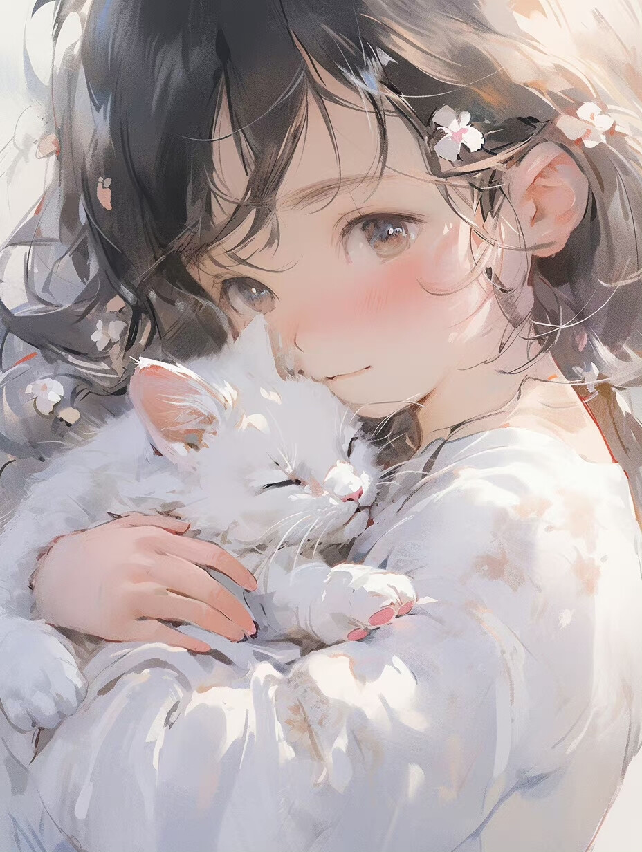  治愈系头像｜小女孩和猫｜这个风格太可爱啦 