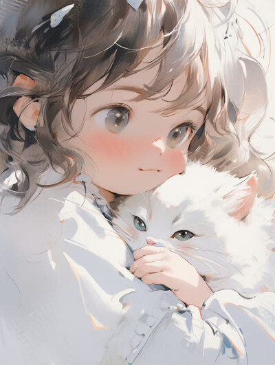  治愈系头像｜小女孩和猫｜这个风格太可爱啦 