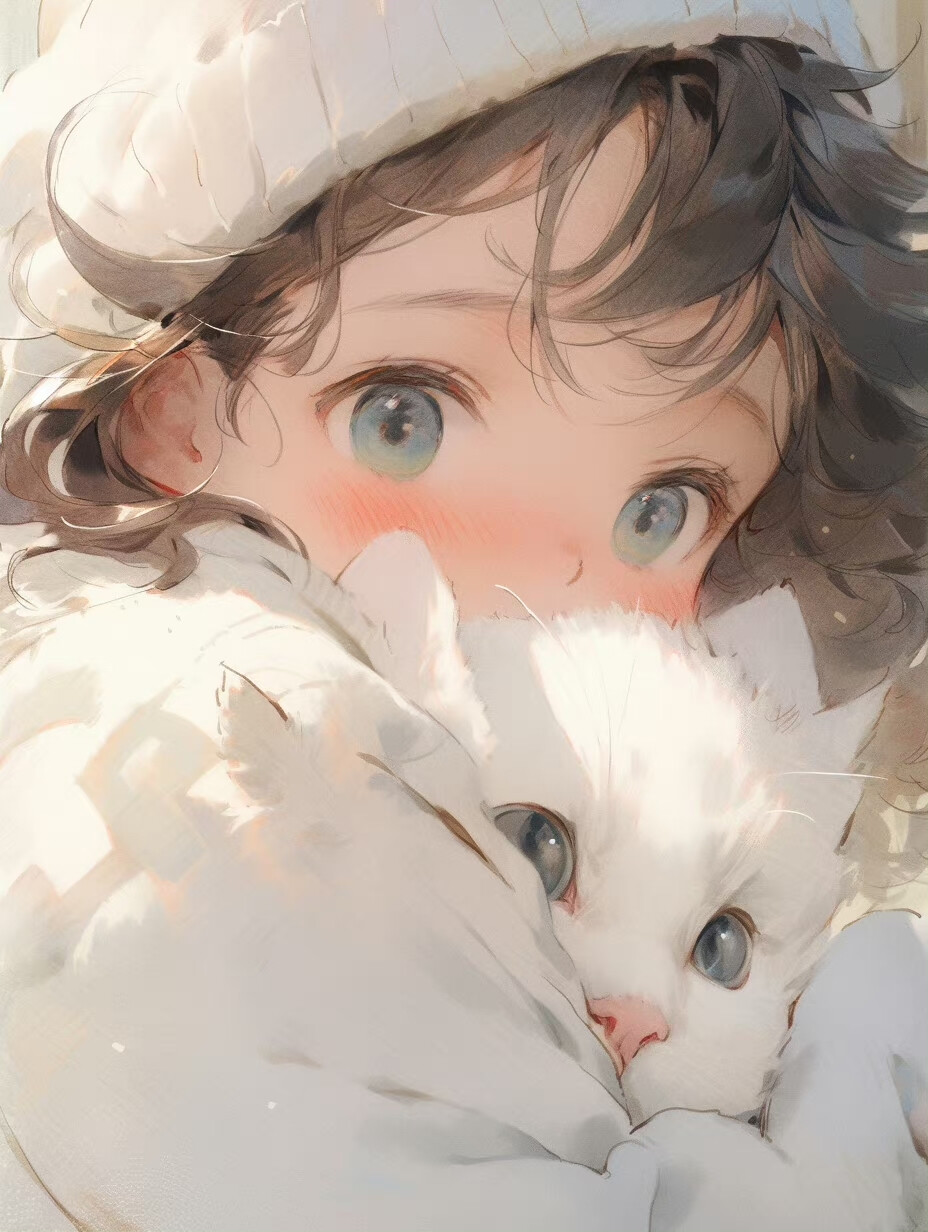  治愈系头像｜小女孩和猫｜这个风格太可爱啦 