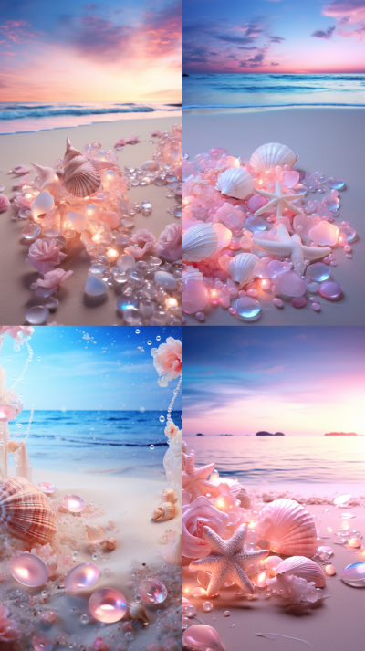 CG rendering of many beautiful pale pink large shells and pale pink conch on the beach, with a circle of sparkling roses on it, crystal clear like glass moonlight on the snow - white sand, blue sea, p…